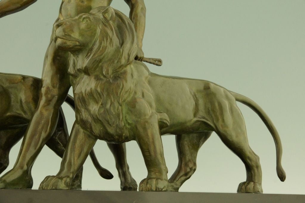 Art Deco Bronze Sculpture of a Man with Lions by Ouline 1