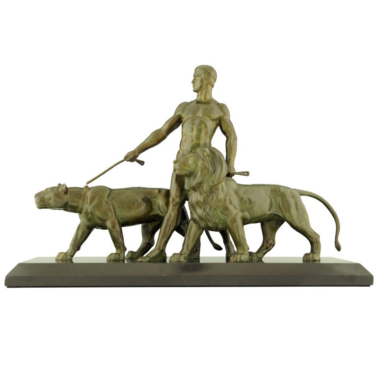 Art Deco Bronze Sculpture of a Man with Lions by Ouline