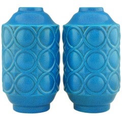 A pair of Art Deco turquoise crackle vases by Boch Frères.