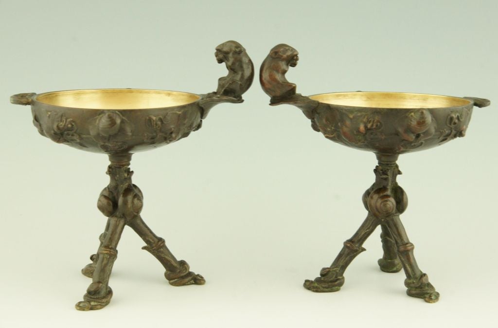 Pair of Bronze Tazza by Cain with Mice, Snails and Snakes