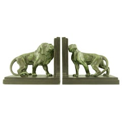 Antique Pair of Art Deco Lion Bookends by Carlier