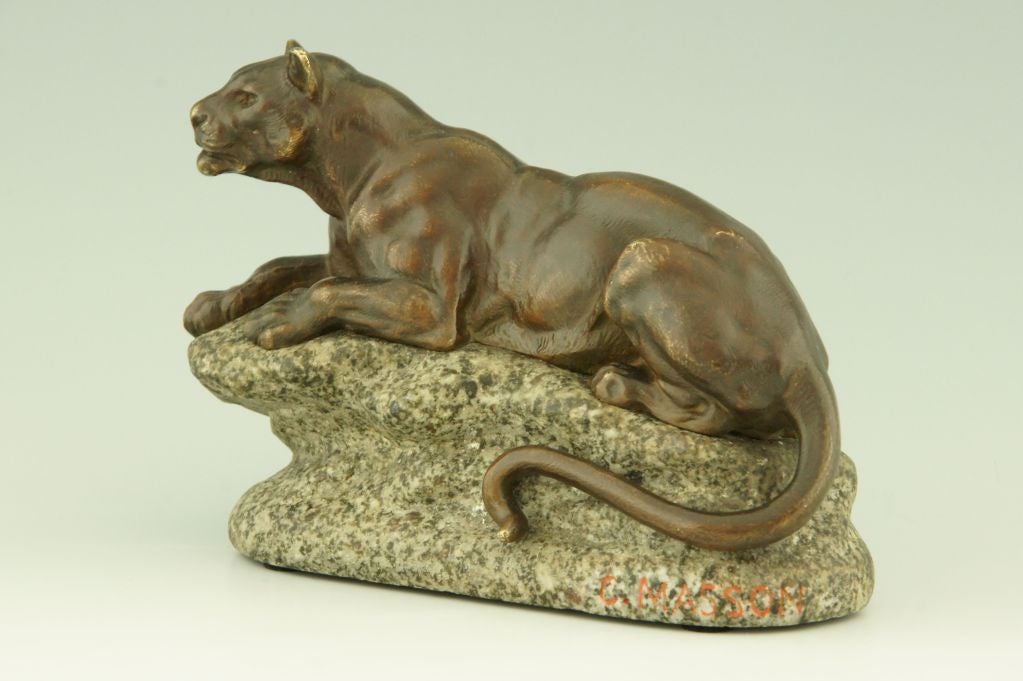 Fedex shipping: $145

Antique bronze of a lying panther by Clovis Masson. 

Clovis Masson studied under Bayre, born in 1838, died in 1913.

“The dictionary of sculptors in bronze” by James Mackay. Antique collectors club.
“Les bronzes de XIXe