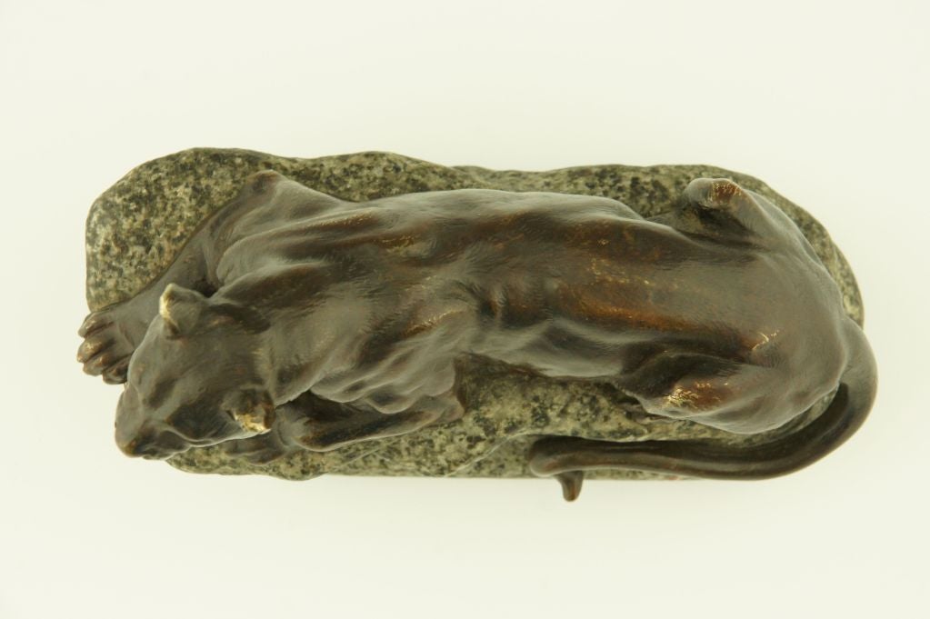 Stone Antique Bronze of a Panther on a Rock by Masson