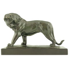 Art Deco Bronze Lion by Irenée Rochard on Marble Base