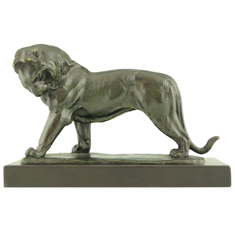 Lion Art Déco en bronze d'Irenée Rochard sur socle en marbre