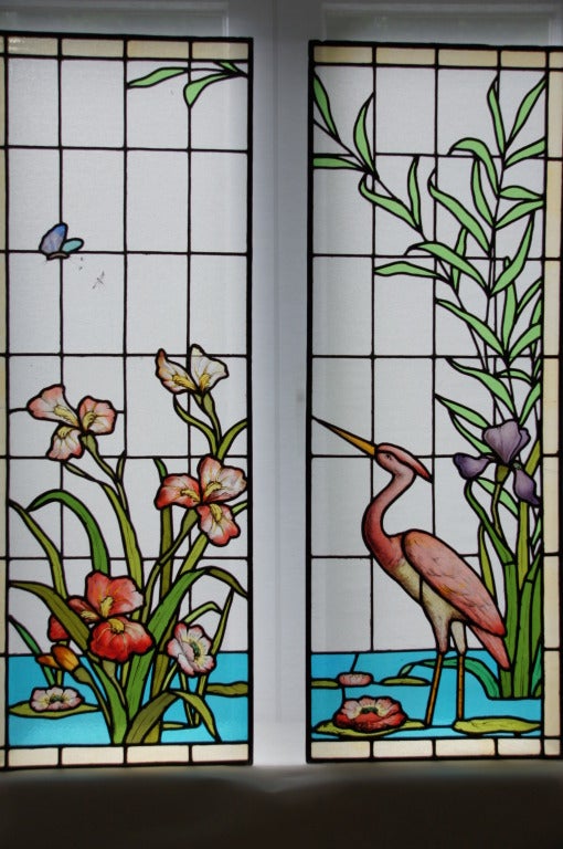 Art Nouveau Stained Leaded Glass Window Panels with Heron Ecole de Nancy, France 1