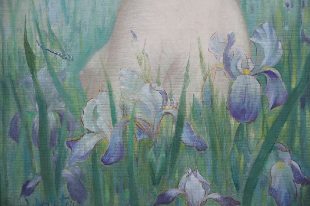 Art Nouveau oil painting of a nude with irises by Horter, 1900 In Good Condition In Antwerp, BE
