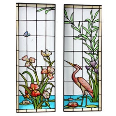 Art Nouveau Stained Leaded Glass Window Panels with Heron Ecole de Nancy, France