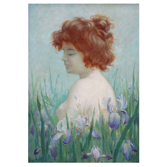 Art Nouveau oil painting of a nude with irises by Horter, 1900