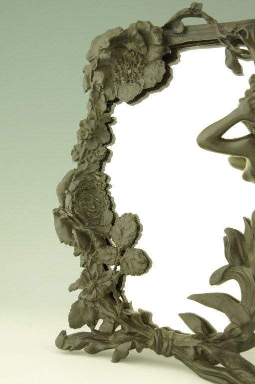 Patinated Art Nouveau Table Mirror with Lady and Flowers by R. C. Peyre, 1900.