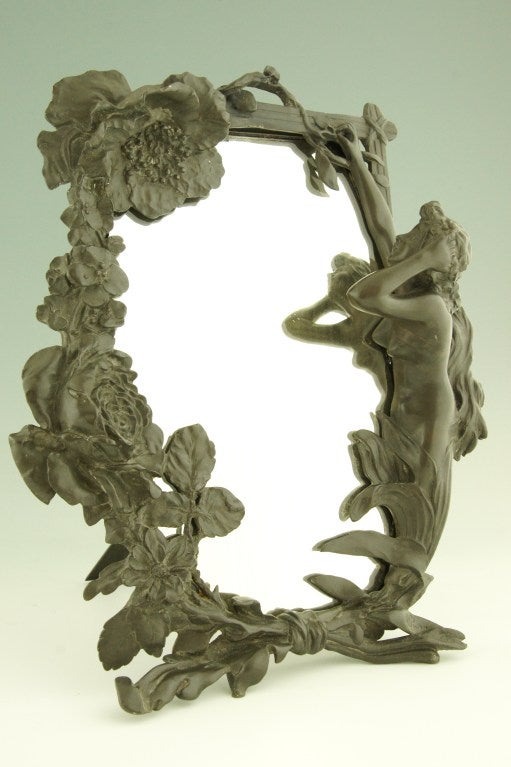 20th Century Art Nouveau Table Mirror with Lady and Flowers by R. C. Peyre, 1900.