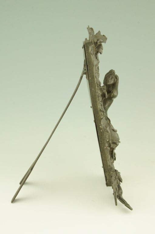 Pewter Art Nouveau Table Mirror with Lady and Flowers by R. C. Peyre, 1900.