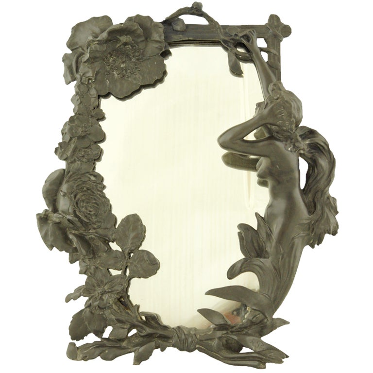 Art Nouveau Table Mirror with Lady and Flowers by R. C. Peyre, 1900.