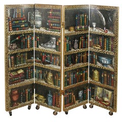 Four panel trompe l'oeil double-sided "Library" screen by Piero Fornassetti