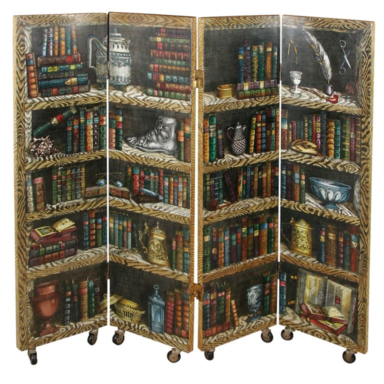 Four panel trompe l'oeil double-sided "Library" screen by Piero Fornassetti