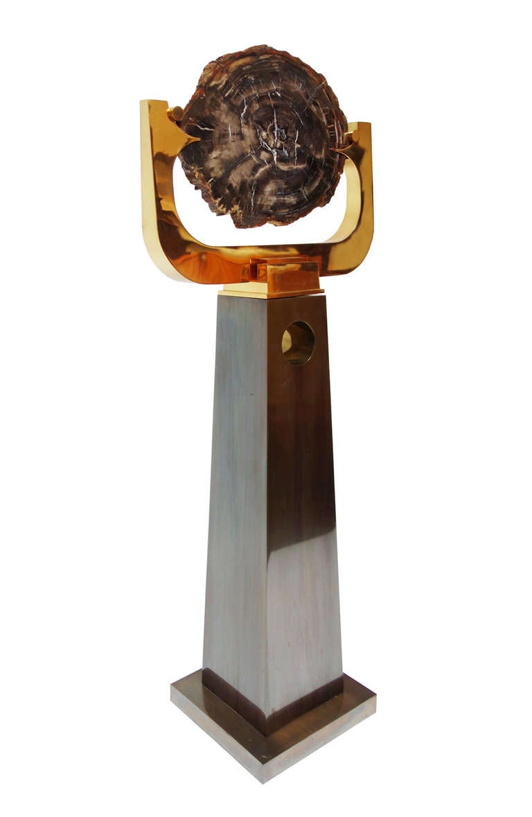 Sculpture with a slab of petrified wood from Indonesia, pedestal in gun metal brass, upper part in gold brass.