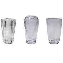 Set of Three Etched Orrefors Vases