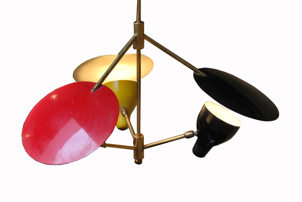 Multi Color Enameled Italian Stilnovo Chandelier.
Black, yellow and red enameled Stilnovo chandelier from the 1950's. Lable by Aro del Luce.