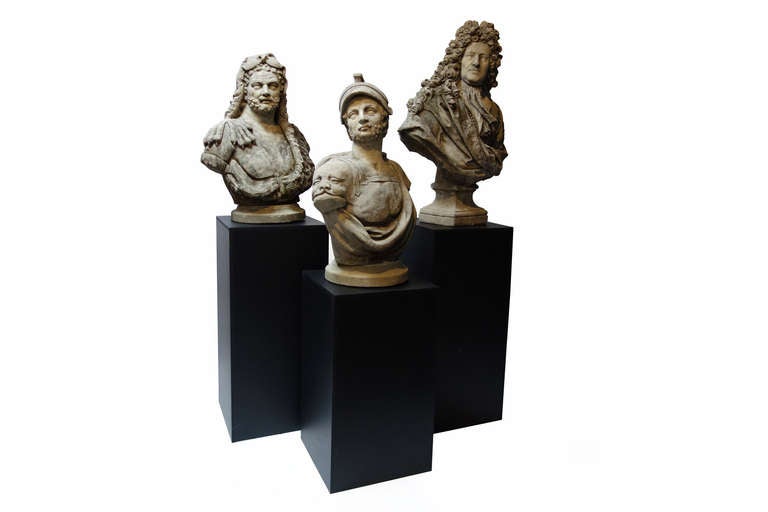 Set of three composition stone bust dated from the late 19th Century. Casts of original busts after the antique by F. Roucourt (late 17th Century).
Signature or name on the backside (from left to right): 