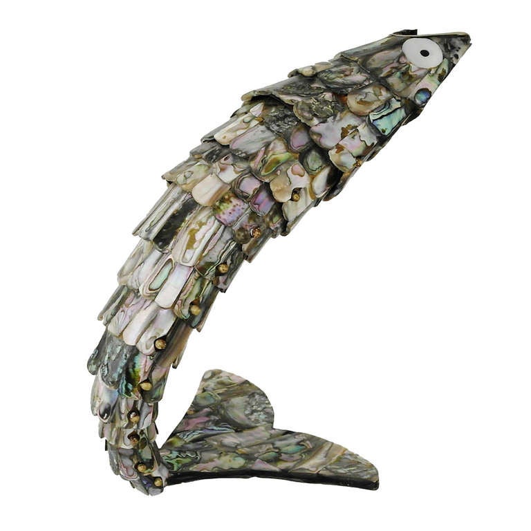Large Silver and Abalone Figural Fish Bottle Opener Mexico For Sale at