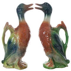 Pair of French Majolica Barbotine Duck Pitchers