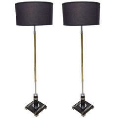 Pair of American Art Deco Floor Lamps in Polished Chrome, Brass and Black Enamel
