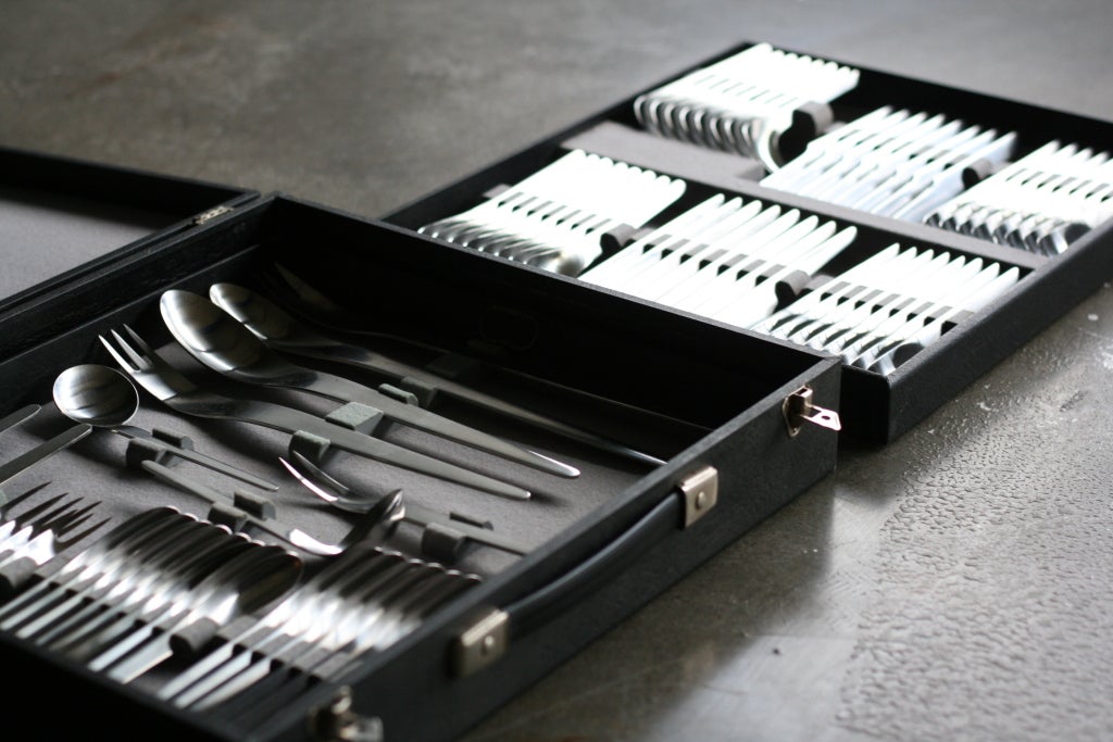 Mid-20th Century Complete Arne Jacobsen flatware set in original suitcase.