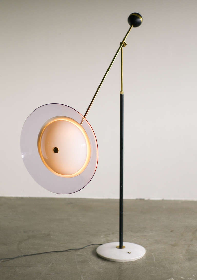 1950's Stilux brass floor lamp with purple acrylic shade on marble base