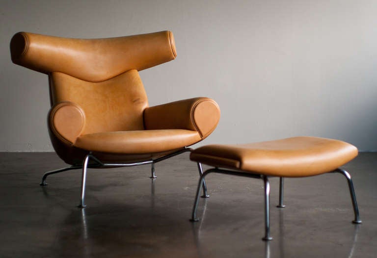 Scandinavian Modern Ox Chair and Ottoman designed by Hans Wegner