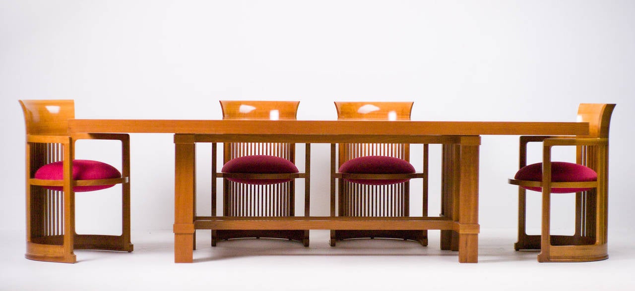 American Cassina Taliesin Dining Table and Barrel Chairs Designed by Frank Lloyd Wright