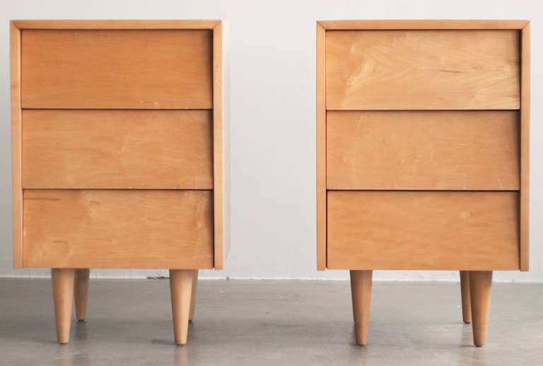 Wonderful rare pair of 3-drawer dressers | nightstands designed by Florence Knoll for Knoll International. The 601 Madison Avenue label dates the dressers to before 1950, the year Knoll moved to 575 Madison. Florence Knoll formed Knoll Associates