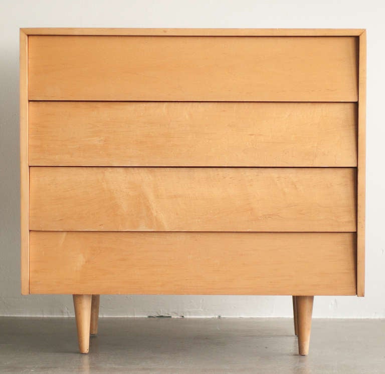 Very rare 4-drawer dresser designed by Florence Knoll for Knoll International. The 601 Madison Avenue label dates the dresser to before 1950, the year Knoll moved to 575 Madison. Florence Knoll formed Knoll Associates with Hans Knoll in 1948.
We
