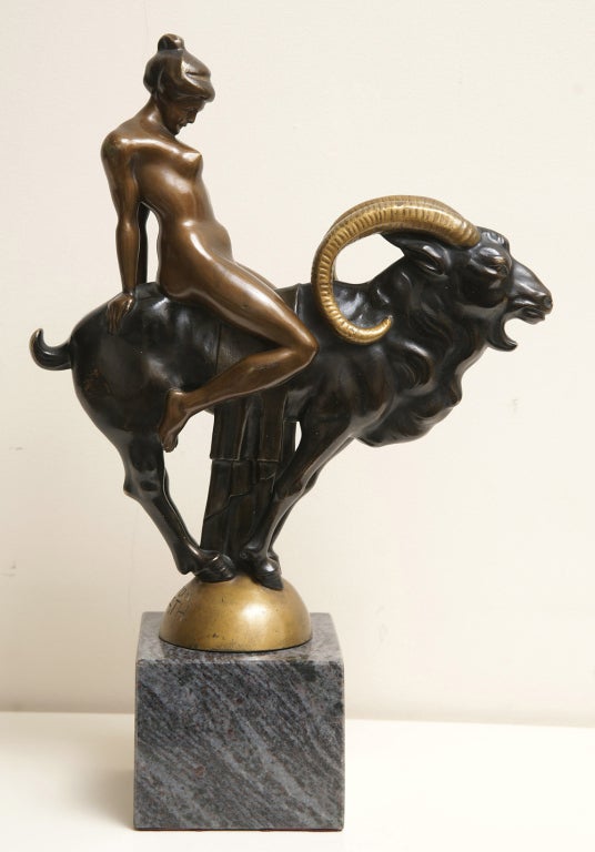 Bronze Naked Woman riding on a Capricorn, Anton Grath, ca1930's