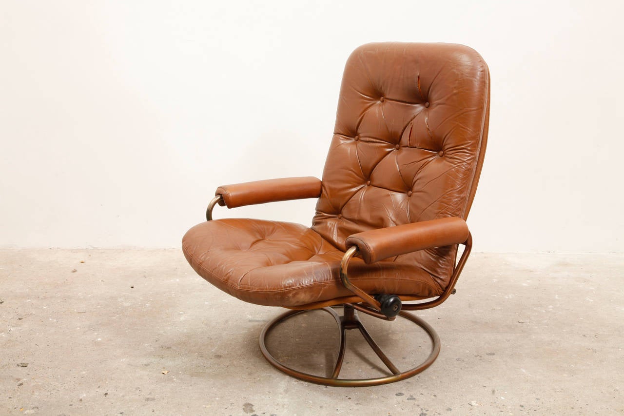 Swedish Bruno Mathsson Swivel Lounge Chair with Ottoman