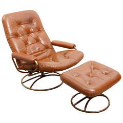 Retro Bruno Mathsson Swivel Lounge Chair with Ottoman
