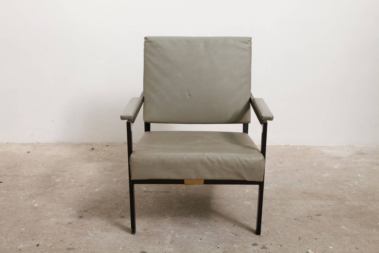 Set of six chairs,designed by Pierre Guariche manufactured by Meurop. 
It features a dark green/grey skai upholstery and a black metal base. 
In a good vintage condition.