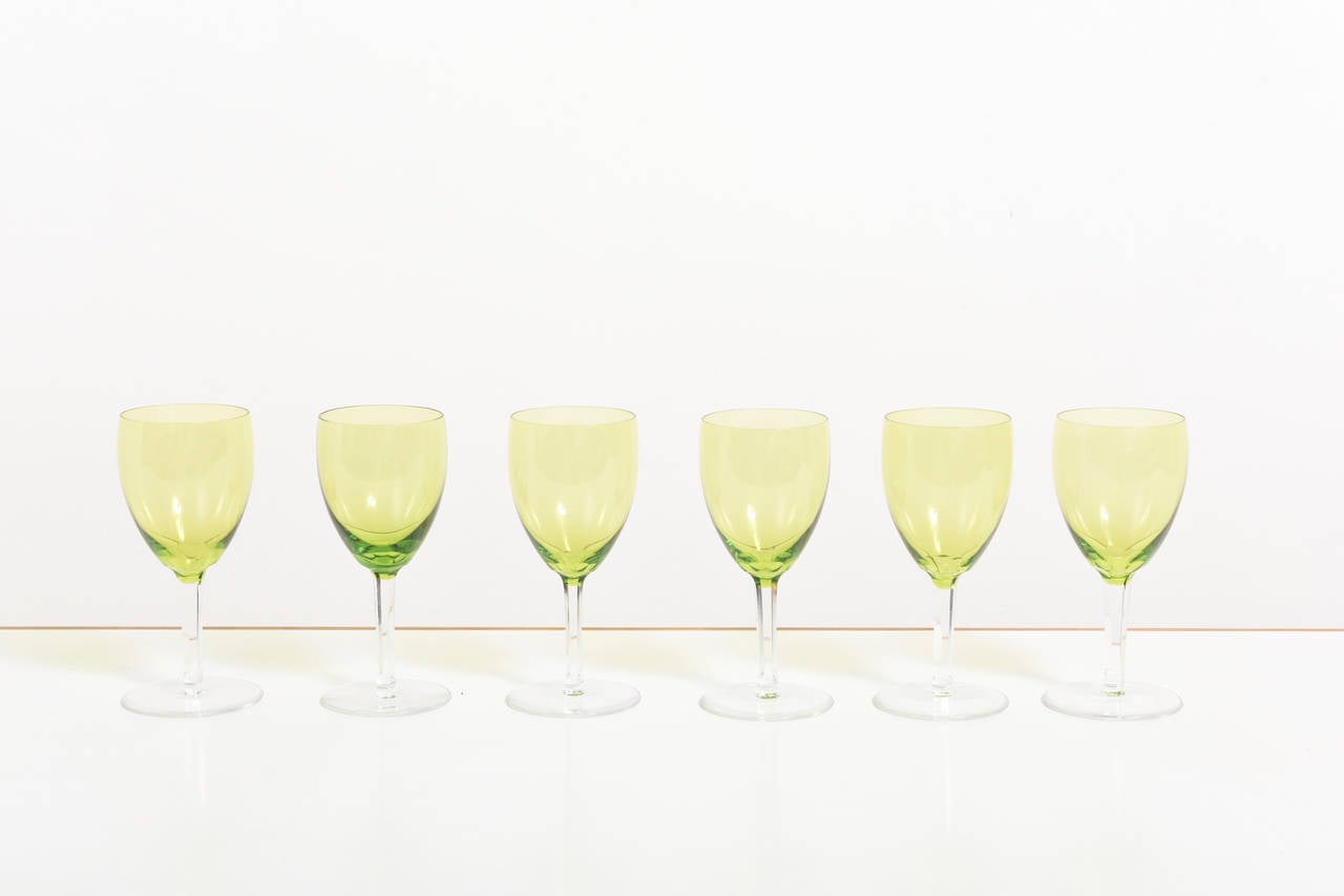 Beautiful set of 24 faceted crystal,Uranium colored wine glasses,designed by Val St Lambert Belgium.