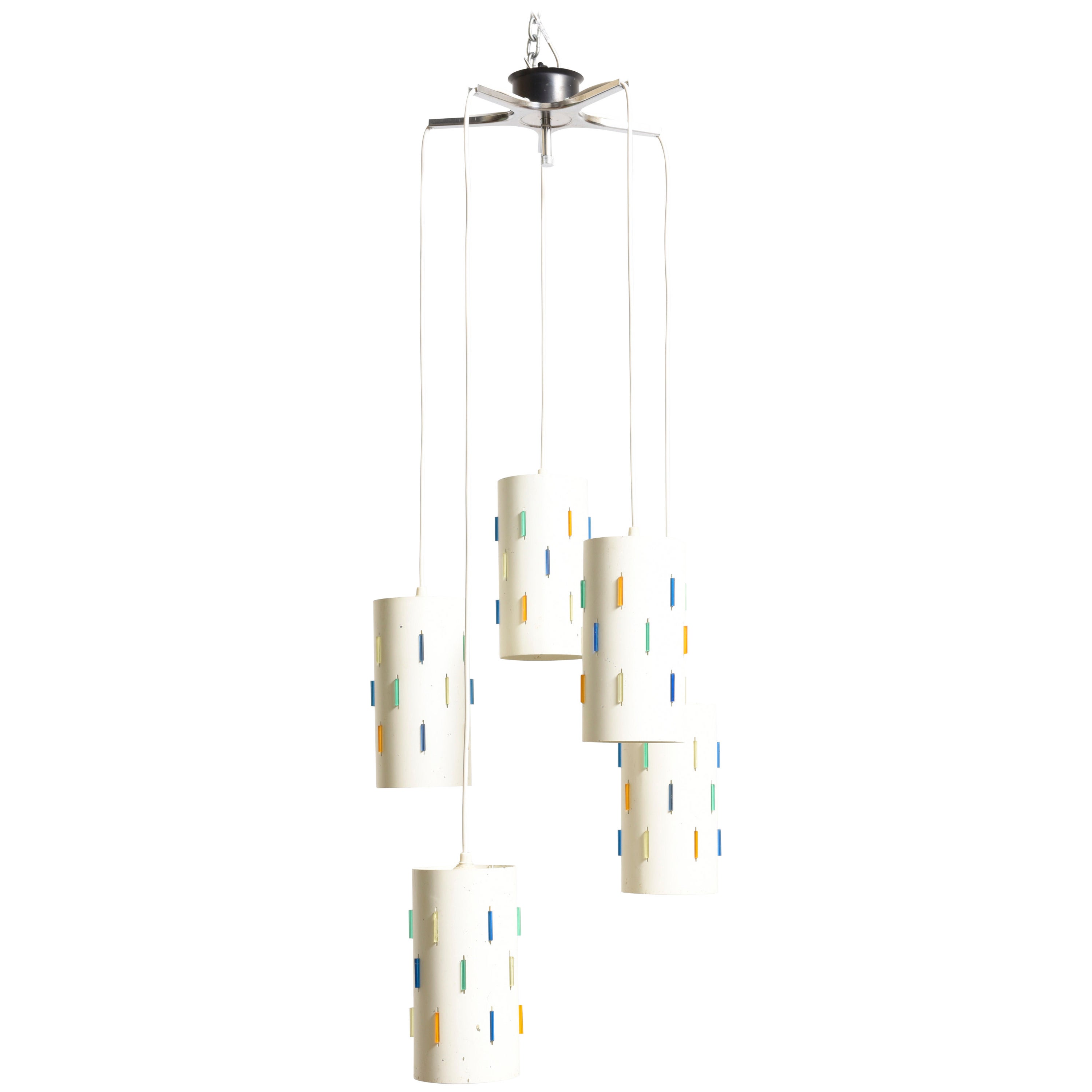 Pendant Five Cylindric Colored Lucite Chandelier by Fog and Mørup