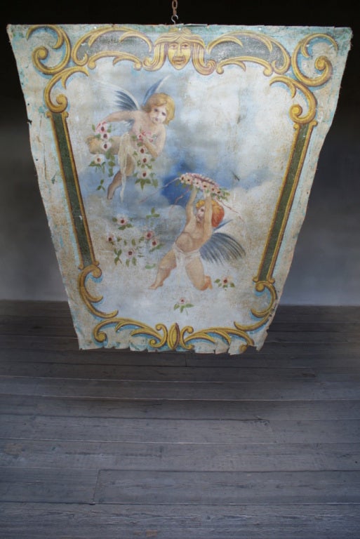 decorative oil painting on canvas with flying sky-angels, original belonging to the sides of the roof from a fairground carousel, it was one of the multiple panels, bottom length is 90cm
