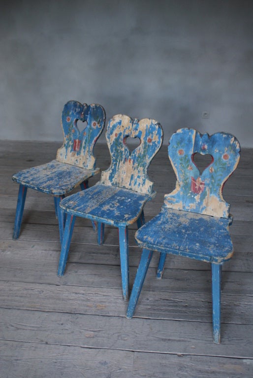 3 pine wood chairs with hand carved lovely hearts in the back, untouched original paint