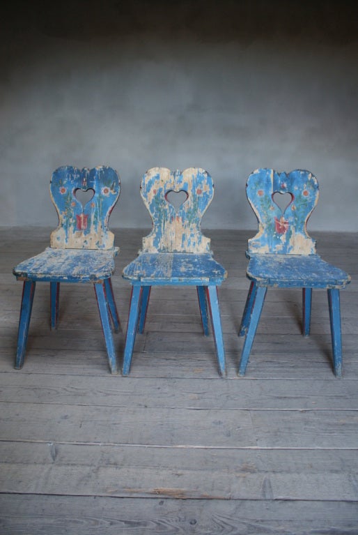 Austrian Triple Country Style Chairs With Carved Hearts