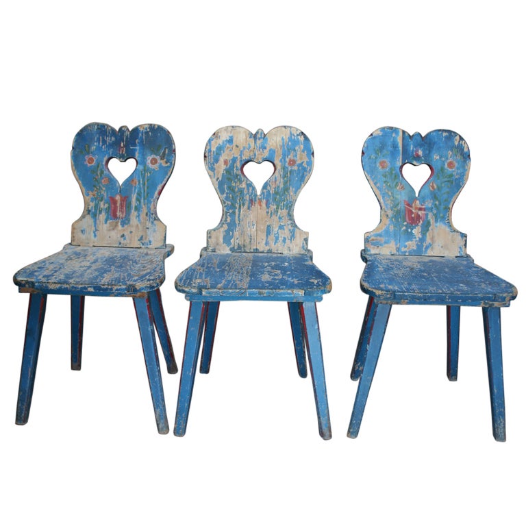 Triple Country Style Chairs With Carved Hearts