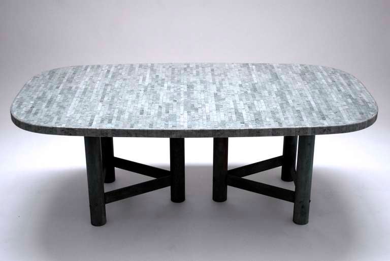 Important table consisting of hundreds of pieces green marble on a bronze base. 
A highly decorative and impressive table finished in stunning quality, great color and the look is brutally elegant...
