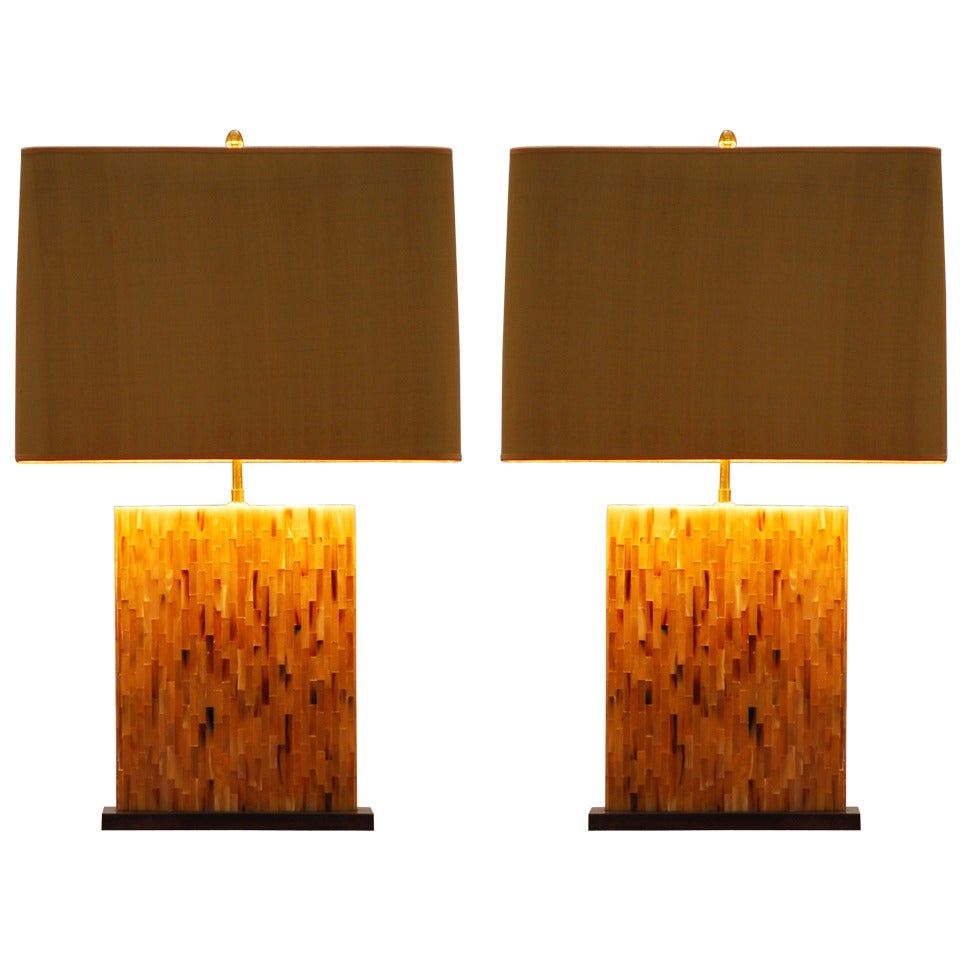 Pair Of Rare 1970's Roger Vanhevel Horn Inlaid Table Lamps
