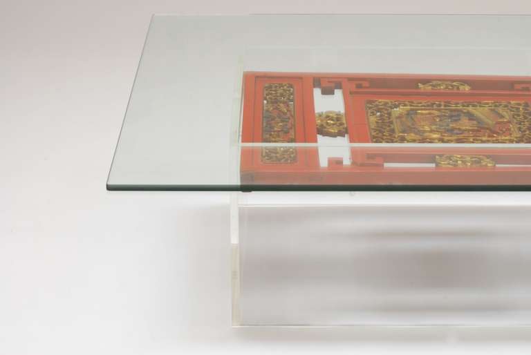 Modern Stunning Large Custom-Made 1970's Lucite Table with Antique Chinese Panels For Sale