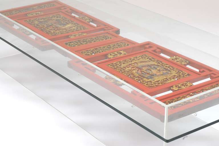Lacquered Stunning Large Custom-Made 1970's Lucite Table with Antique Chinese Panels For Sale