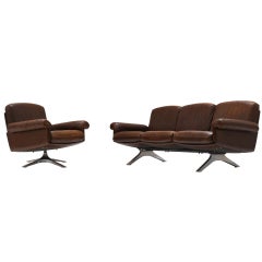 1970s Brown Leather De Sede DS 31 Sofa and Swivel Club Chair