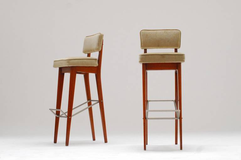 Remarkable bar stools designed by Fred Sandra. The combination of the walnut, velvet and chromed copper are just most elegant.
These chairs were produced on small scale.
