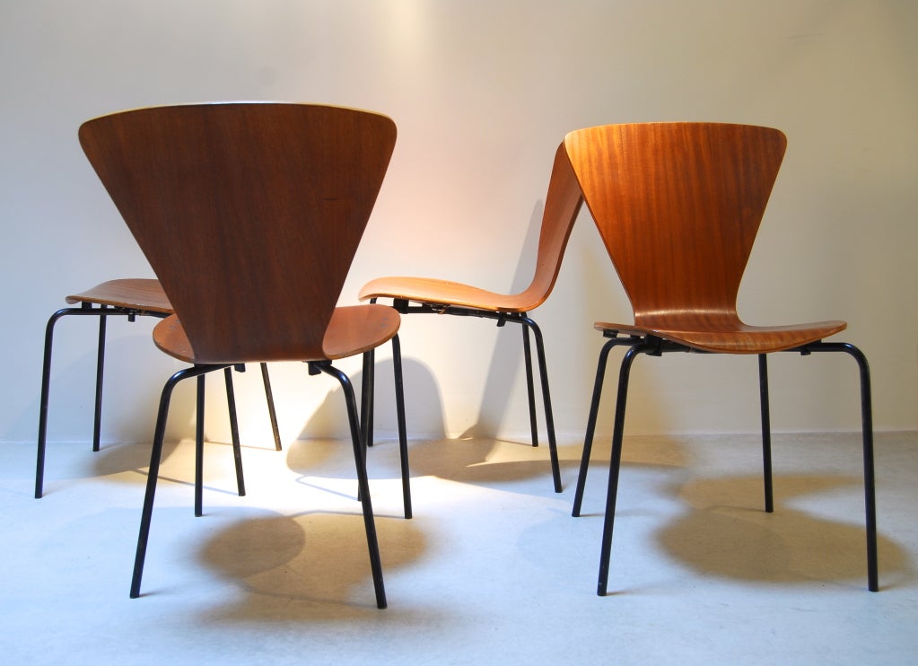 Mid-20th Century Set of 4 teak 1960's signed Danish plywood chairs