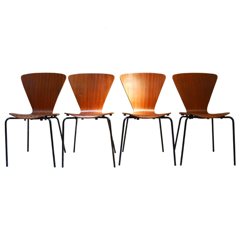 Set of 4 teak 1960's signed Danish plywood chairs
